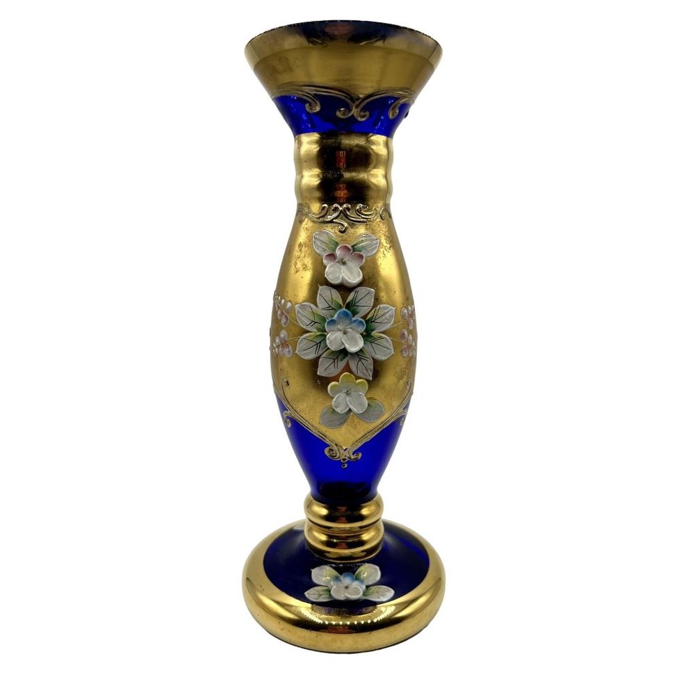 Mid Century Cobalt Bohemian Czech Glass Vase 8 1/4 x 3 1/4